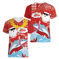 Hawaiian Mele Kalikimaka Women V-Neck T-Shirt Funny Santa Riding Lei Dolphin with Kakau Tattoos LT03 - Polynesian Pride