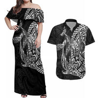 Hawaiian Whales Polynesian Art Motifs Couples Matching Off Shoulder Maxi Dress and Hawaiian Shirt Black Color LT03 Black - Polynesian Pride
