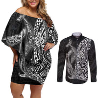 Hawaiian Whales Polynesian Art Motifs Couples Matching Off Shoulder Short Dress and Long Sleeve Button Shirt Black Color LT03 Black - Polynesian Pride