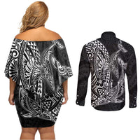 Hawaiian Whales Polynesian Art Motifs Couples Matching Off Shoulder Short Dress and Long Sleeve Button Shirt Black Color LT03 - Polynesian Pride