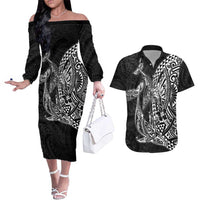 Hawaiian Whales Polynesian Art Motifs Couples Matching Off The Shoulder Long Sleeve Dress and Hawaiian Shirt Black Color LT03 Black - Polynesian Pride