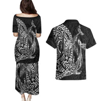 Hawaiian Whales Polynesian Art Motifs Couples Matching Puletasi and Hawaiian Shirt Black Color LT03 - Polynesian Pride
