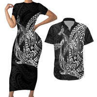 Hawaiian Whales Polynesian Art Motifs Couples Matching Short Sleeve Bodycon Dress and Hawaiian Shirt Black Color LT03 Black - Polynesian Pride
