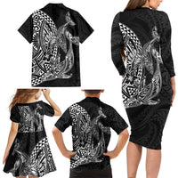 Hawaiian Whales Polynesian Art Motifs Family Matching Long Sleeve Bodycon Dress and Hawaiian Shirt Black Color LT03 - Polynesian Pride