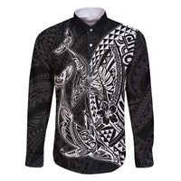 Hawaiian Whales Polynesian Art Motifs Family Matching Off The Shoulder Long Sleeve Dress and Hawaiian Shirt Black Color LT03 Dad's Shirt - Long Sleeve Black - Polynesian Pride