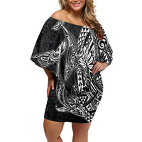 Hawaiian Whales Polynesian Art Motifs Family Matching Off Shoulder Short Dress and Hawaiian Shirt Black Color LT03 Mom's Dress Black - Polynesian Pride