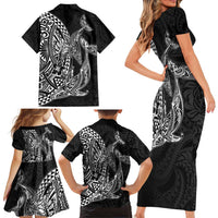 Hawaiian Whales Polynesian Art Motifs Family Matching Short Sleeve Bodycon Dress and Hawaiian Shirt Black Color LT03 - Polynesian Pride