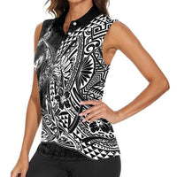 Hawaiian Whales Polynesian Art Motifs Women Sleeveless Polo Shirt Black Color LT03 - Polynesian Pride