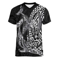 Hawaiian Whales Polynesian Art Motifs Women V-Neck T-Shirt Black Color LT03 Female Black - Polynesian Pride