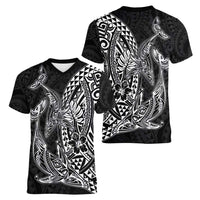 Hawaiian Whales Polynesian Art Motifs Women V-Neck T-Shirt Black Color LT03 - Polynesian Pride