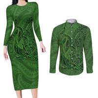 Hawaiian Whales Polynesian Art Motifs Couples Matching Long Sleeve Bodycon Dress and Long Sleeve Button Shirt Green Color LT03 Green - Polynesian Pride