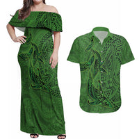 Hawaiian Whales Polynesian Art Motifs Couples Matching Off Shoulder Maxi Dress and Hawaiian Shirt Green Color LT03 Green - Polynesian Pride
