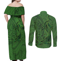 Hawaiian Whales Polynesian Art Motifs Couples Matching Off Shoulder Maxi Dress and Long Sleeve Button Shirt Green Color LT03 - Polynesian Pride