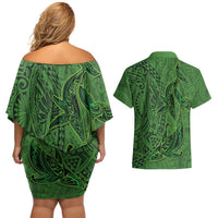Hawaiian Whales Polynesian Art Motifs Couples Matching Off Shoulder Short Dress and Hawaiian Shirt Green Color LT03 - Polynesian Pride