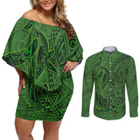 Hawaiian Whales Polynesian Art Motifs Couples Matching Off Shoulder Short Dress and Long Sleeve Button Shirt Green Color LT03 Green - Polynesian Pride