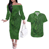 Hawaiian Whales Polynesian Art Motifs Couples Matching Off The Shoulder Long Sleeve Dress and Hawaiian Shirt Green Color LT03 Green - Polynesian Pride
