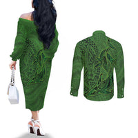 Hawaiian Whales Polynesian Art Motifs Couples Matching Off The Shoulder Long Sleeve Dress and Long Sleeve Button Shirt Green Color LT03 - Polynesian Pride