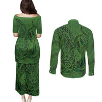 Hawaiian Whales Polynesian Art Motifs Couples Matching Puletasi and Long Sleeve Button Shirt Green Color LT03 - Polynesian Pride