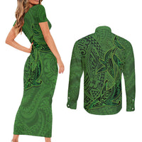Hawaiian Whales Polynesian Art Motifs Couples Matching Short Sleeve Bodycon Dress and Long Sleeve Button Shirt Green Color LT03 - Polynesian Pride