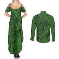 Hawaiian Whales Polynesian Art Motifs Couples Matching Summer Maxi Dress and Long Sleeve Button Shirt Green Color LT03 - Polynesian Pride
