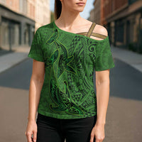 Hawaiian Whales Polynesian Art Motifs Cross Shoulder Shirt Green Color - Polynesian Pride