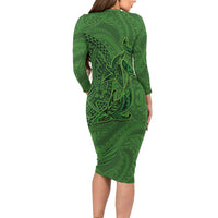 Hawaiian Whales Polynesian Art Motifs Family Matching Long Sleeve Bodycon Dress and Hawaiian Shirt Green Color LT03 - Polynesian Pride