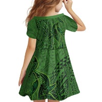 Hawaiian Whales Polynesian Art Motifs Family Matching Off The Shoulder Long Sleeve Dress and Hawaiian Shirt Green Color LT03 - Polynesian Pride