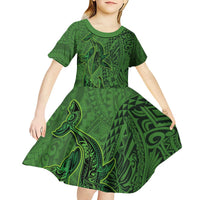 Hawaiian Whales Polynesian Art Motifs Kid Short Sleeve Dress Green Color LT03 - Polynesian Pride