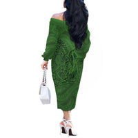 Hawaiian Whales Polynesian Art Motifs Off The Shoulder Long Sleeve Dress Green Color LT03 - Polynesian Pride