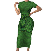 Hawaiian Whales Polynesian Art Motifs Short Sleeve Bodycon Dress Green Color LT03 Long Dress Green - Polynesian Pride