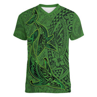 Hawaiian Whales Polynesian Art Motifs Women V-Neck T-Shirt Green Color LT03 Female Green - Polynesian Pride