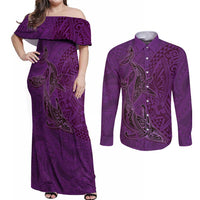Hawaiian Whales Polynesian Art Motifs Couples Matching Off Shoulder Maxi Dress and Long Sleeve Button Shirt Purple Color LT03 Purple - Polynesian Pride