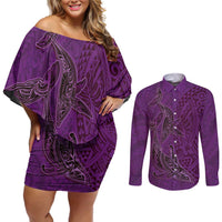 Hawaiian Whales Polynesian Art Motifs Couples Matching Off Shoulder Short Dress and Long Sleeve Button Shirt Purple Color LT03 Purple - Polynesian Pride