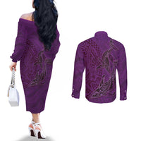 Hawaiian Whales Polynesian Art Motifs Couples Matching Off The Shoulder Long Sleeve Dress and Long Sleeve Button Shirt Purple Color LT03 - Polynesian Pride