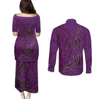Hawaiian Whales Polynesian Art Motifs Couples Matching Puletasi and Long Sleeve Button Shirt Purple Color LT03 - Polynesian Pride