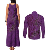 Hawaiian Whales Polynesian Art Motifs Couples Matching Tank Maxi Dress and Long Sleeve Button Shirt Purple Color LT03 - Polynesian Pride