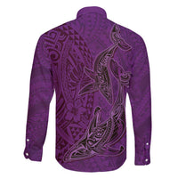 Hawaiian Whales Polynesian Art Motifs Family Matching Long Sleeve Bodycon Dress and Hawaiian Shirt Purple Color LT03 - Polynesian Pride
