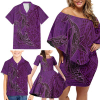 Hawaiian Whales Polynesian Art Motifs Family Matching Off Shoulder Short Dress and Hawaiian Shirt Purple Color LT03 - Polynesian Pride