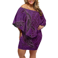 Hawaiian Whales Polynesian Art Motifs Family Matching Off Shoulder Short Dress and Hawaiian Shirt Purple Color LT03 Mom's Dress Purple - Polynesian Pride