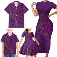 Hawaiian Whales Polynesian Art Motifs Family Matching Short Sleeve Bodycon Dress and Hawaiian Shirt Purple Color LT03 - Polynesian Pride