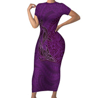 Hawaiian Whales Polynesian Art Motifs Short Sleeve Bodycon Dress Purple Color LT03 Long Dress Purple - Polynesian Pride