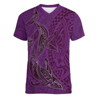 Hawaiian Whales Polynesian Art Motifs Women V-Neck T-Shirt Purple Color LT03 Female Purple - Polynesian Pride