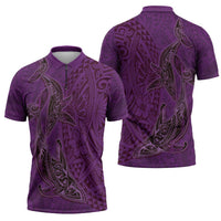 Hawaiian Whales Polynesian Art Motifs Zipper Polo Shirt Purple Color LT03 - Polynesian Pride
