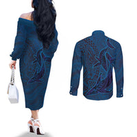Hawaiian Whales Polynesian Art Motifs Couples Matching Off The Shoulder Long Sleeve Dress and Long Sleeve Button Shirt Blue Color LT03 - Polynesian Pride