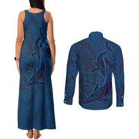Hawaiian Whales Polynesian Art Motifs Couples Matching Tank Maxi Dress and Long Sleeve Button Shirt Blue Color LT03 - Polynesian Pride