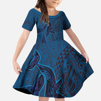 Hawaiian Whales Polynesian Art Motifs Family Matching Long Sleeve Bodycon Dress and Hawaiian Shirt Blue Color LT03 Daughter's Dress Blue - Polynesian Pride