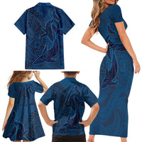Hawaiian Whales Polynesian Art Motifs Family Matching Short Sleeve Bodycon Dress and Hawaiian Shirt Blue Color LT03 - Polynesian Pride