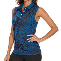 Hawaiian Whales Polynesian Art Motifs Women Sleeveless Polo Shirt Blue Color LT03 - Polynesian Pride
