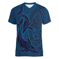 Hawaiian Whales Polynesian Art Motifs Women V-Neck T-Shirt Blue Color LT03 Female Blue - Polynesian Pride