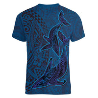 Hawaiian Whales Polynesian Art Motifs Women V-Neck T-Shirt Blue Color LT03 - Polynesian Pride